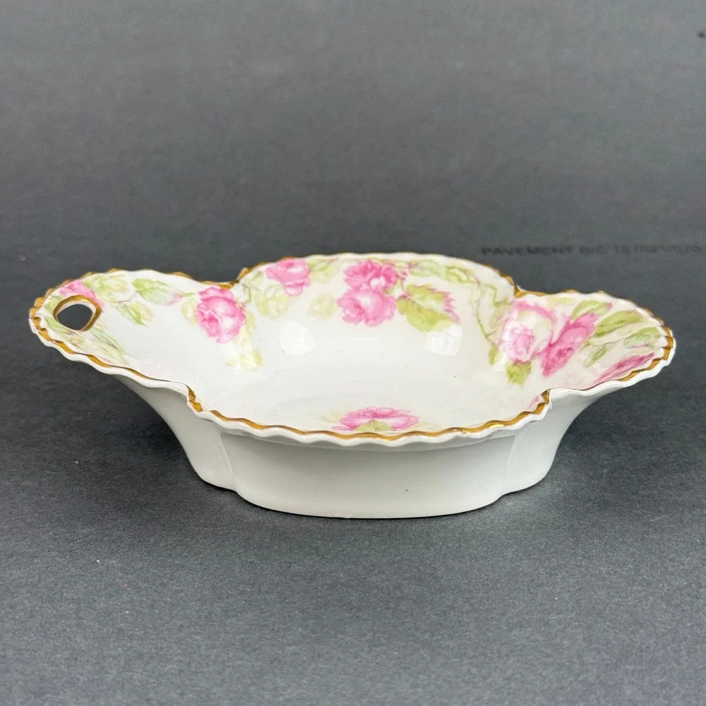 Haviland France Porcelain Floral Dish Pink Rose Scalloped Gold Rim Handle